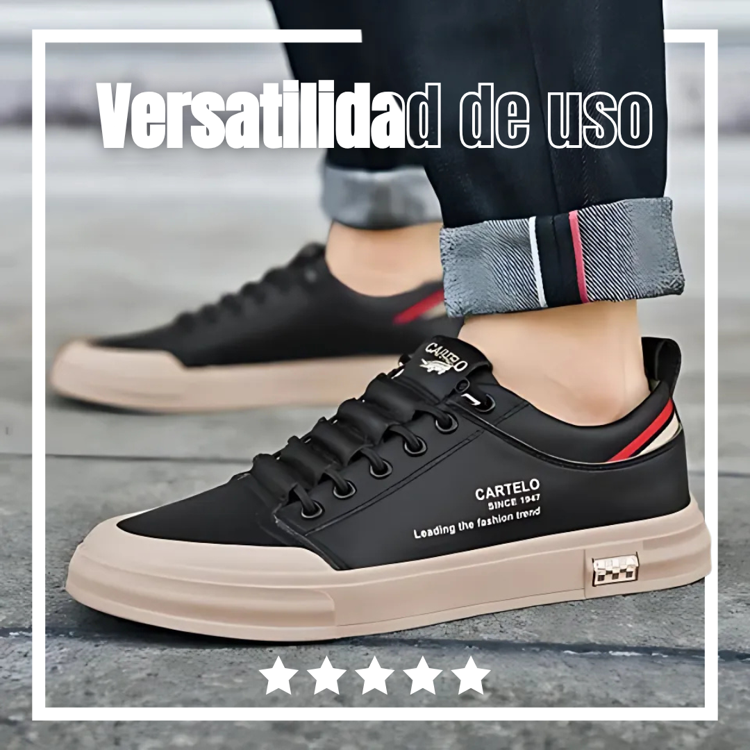 Zapatillas Cartelo Flex negras de material sintético, con cordones, detalles rojos y suela gruesa color beige