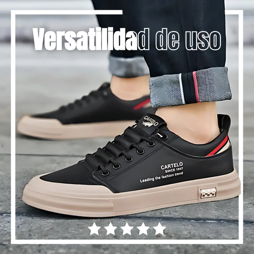 Zapatillas Cartelo Flex negras de material sintético, con cordones, detalles rojos y suela gruesa color beige