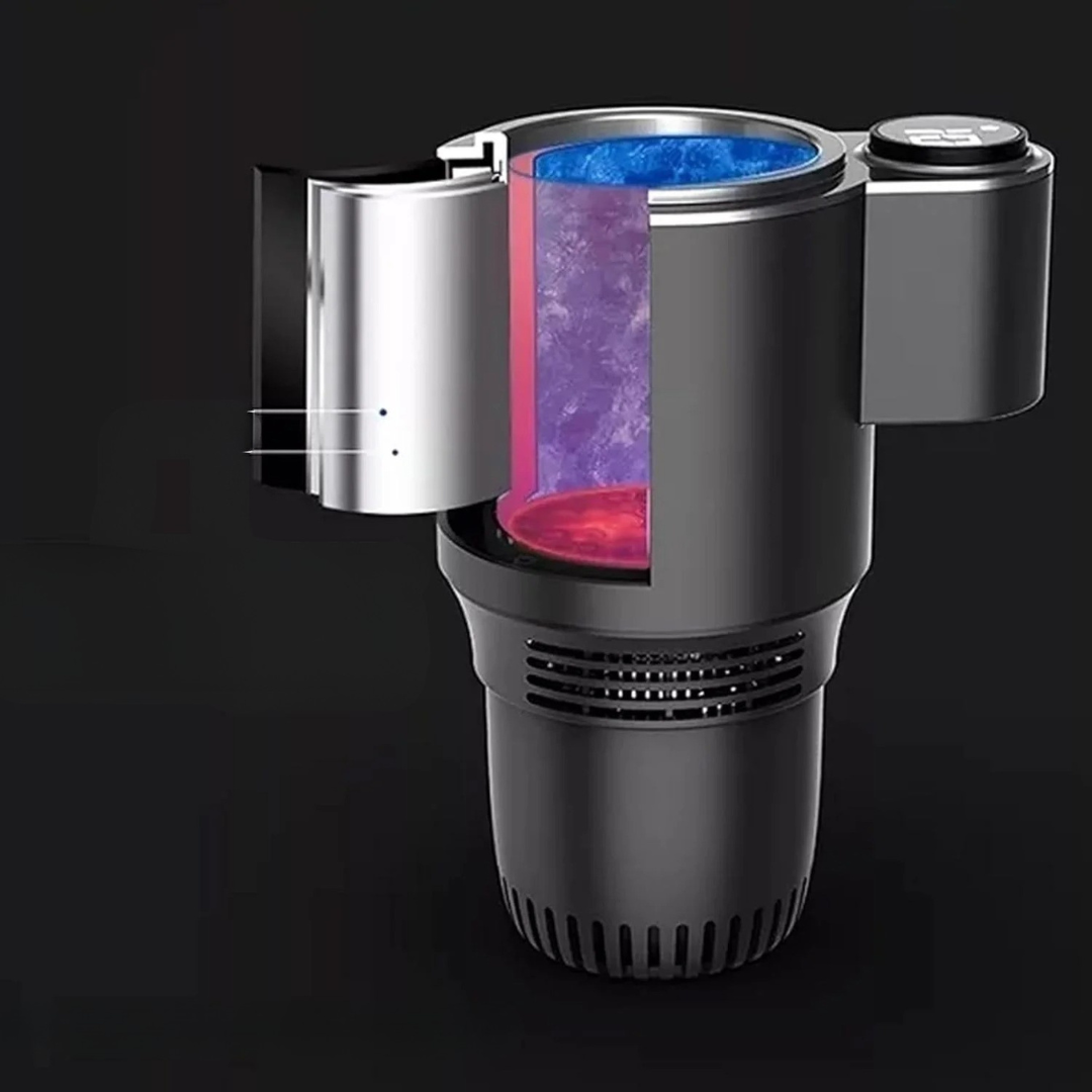 Mini Refrigerador Compact Cool Pro cilíndrico negro y plateado, con compartimento interior translúcido iluminado en azul y rosa.