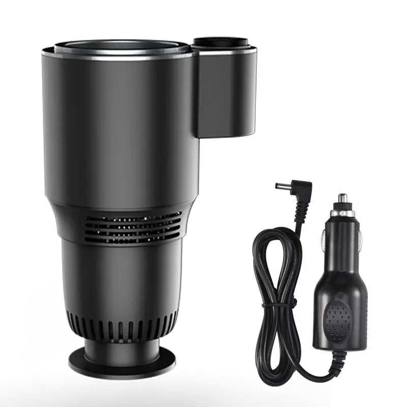 Mini Refrigerador Compact Cool Pro negro de plástico, forma cilíndrica con rejillas de ventilación, base y cables adaptadores incluidos.