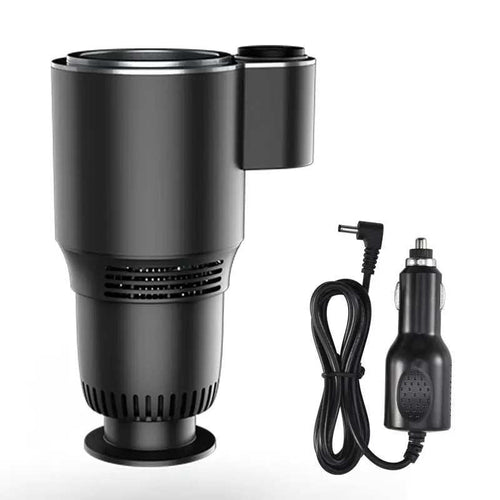 Mini Refrigerador Compact Cool Pro negro de plástico, forma cilíndrica con rejillas de ventilación, base y cables adaptadores incluidos.