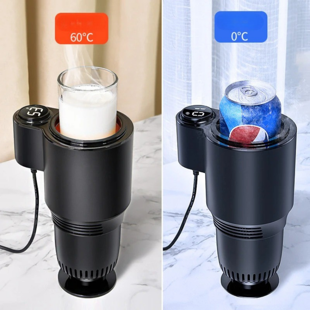 Mini Refrigerador Compact Cool Pro negro, cilíndrico y compacto, enfría una lata a 0 °C y calienta leche a 60 °C.