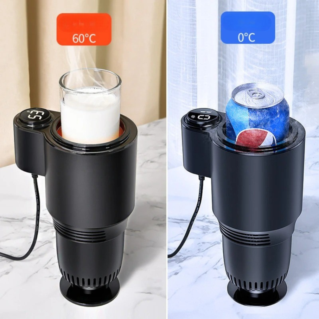 Mini Refrigerador Compact Cool Pro negro, cilíndrico y compacto, enfría una lata a 0 °C y calienta leche a 60 °C.
