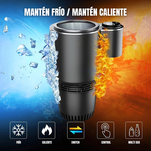 Mini Refrigerador Compact Cool Pro cilíndrico negro y plateado, con tapa circular y función para mantener frío o caliente.