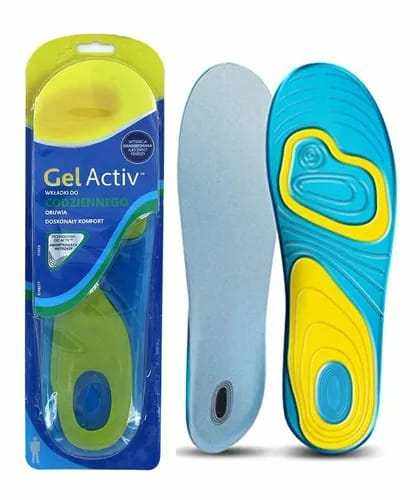 Plantillas ortopedicas en Gel azules con zonas amarillas y diseño anatómico amortiguador, junto a su empaque