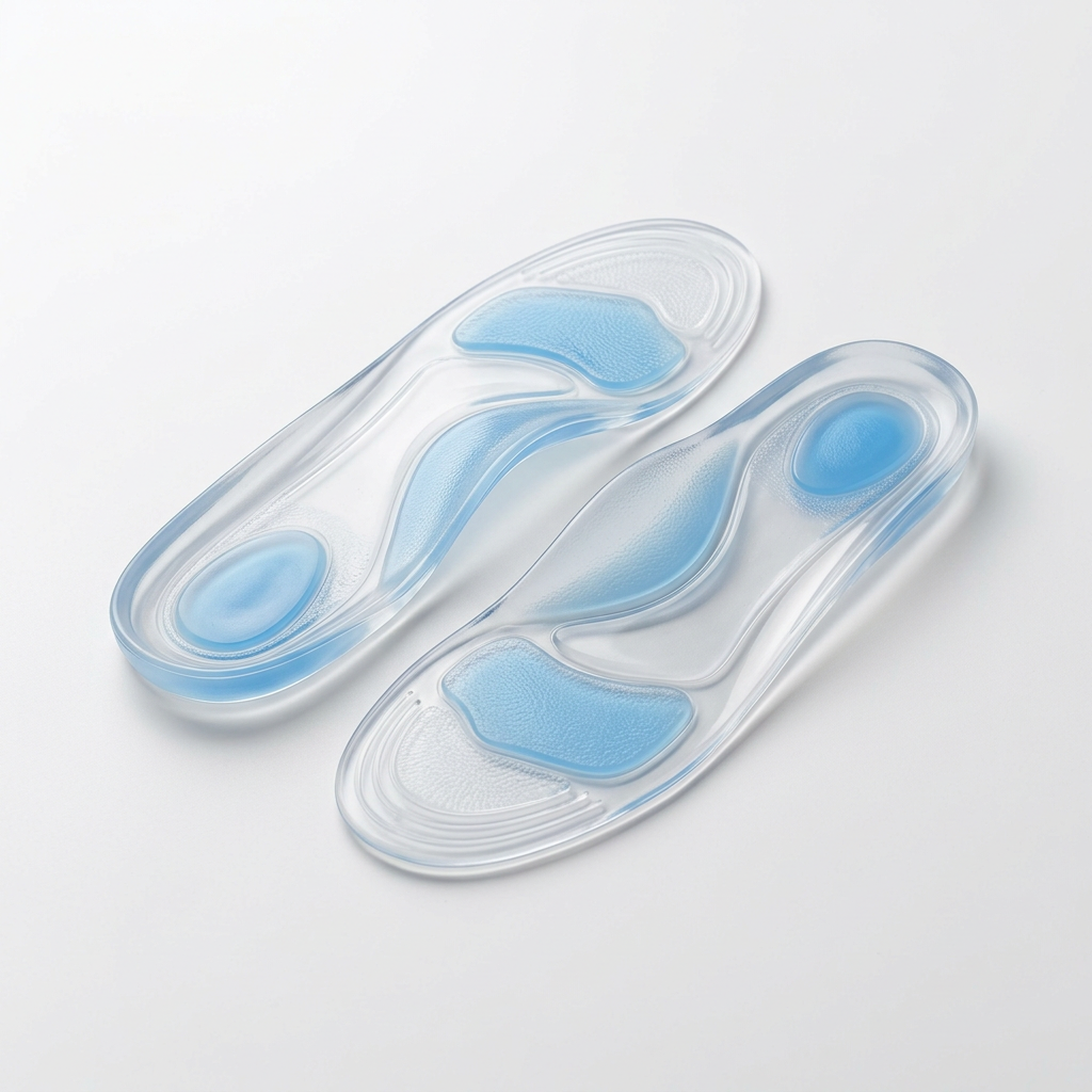 Plantillas ortopedicas en Gel de silicona transparente con zonas acolchadas azules y diseño anatómico para amortiguar