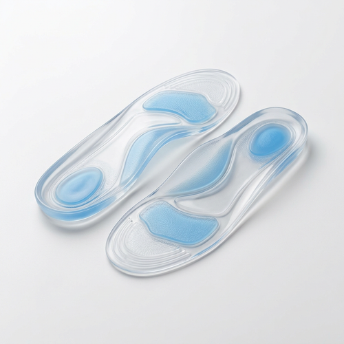 Plantillas ortopedicas en Gel de silicona transparente con zonas acolchadas azules y diseño anatómico para amortiguar
