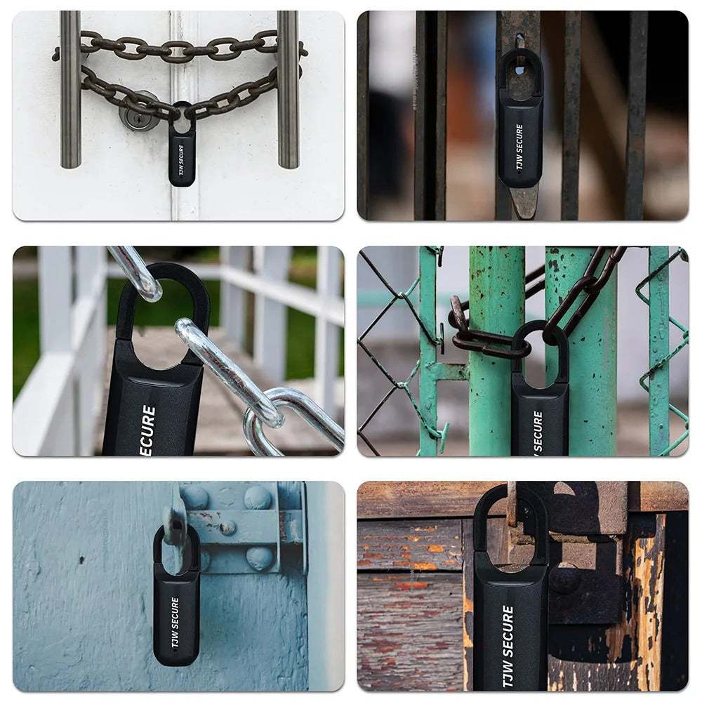 Candados negros metálicos con etiquetas blancas que dicen 'TDW SECURE' colocados en diferentes cadenas y puertas que representan Seguridad Inteligente.
