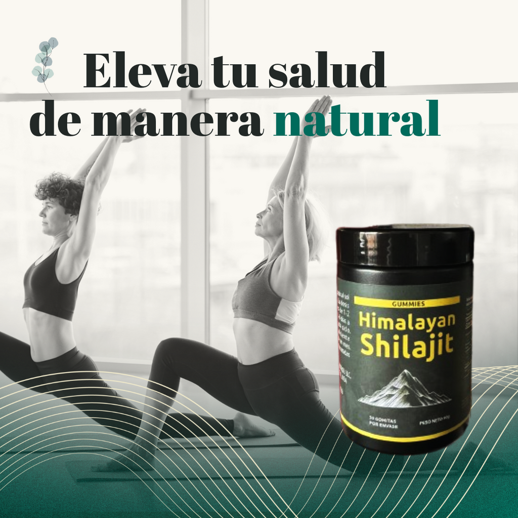 Frasco de Shilajit Vital Gummies negro con etiqueta verde y amarilla, junto a ilustración de montañas y gomas