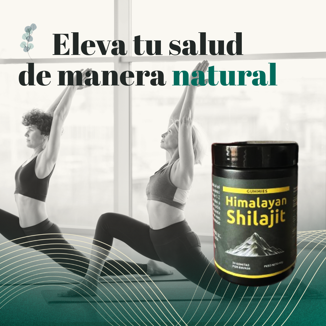 Frasco de Shilajit Vital Gummies negro con etiqueta verde y amarilla, junto a ilustración de montañas y gomas