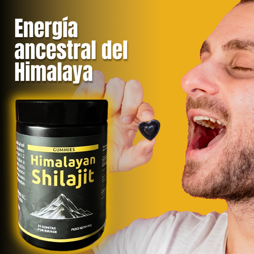 Shilajit Vital Gummies en frasco negro con etiqueta de montañas y una goma negra con forma de corazón sostenida entre los dedos