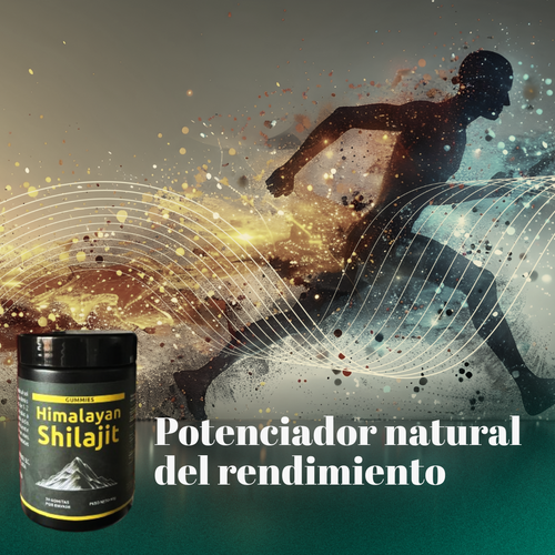Frasco de Shilajit Vital Gummies negro y verde, con etiqueta Himalayan Shilajit y diseño de montañas; imagen promocional de rendimiento natural.